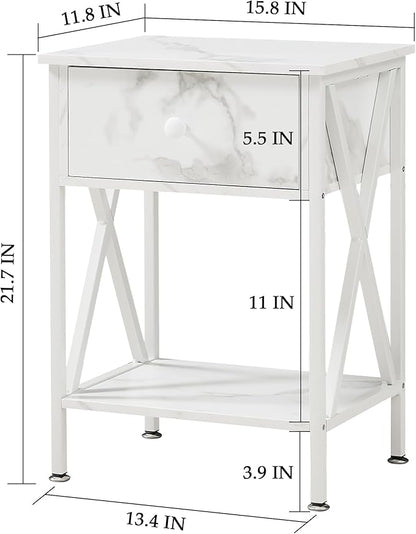 VECELO Night Stands for Bedroom Rustic Nightstand Bedside End Tables with Drawer Storage, Marble White - LeafyLoom