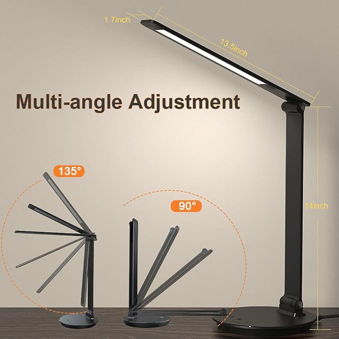 LED Desk Lamp with USB Charging Port, Touch Control Dimmable Office Lamp, 5 Color Modes 6 Brightness Levels Eye-Caring Table Lamp for Home Office Bedroom Reading Study, Black - LeafyLoom