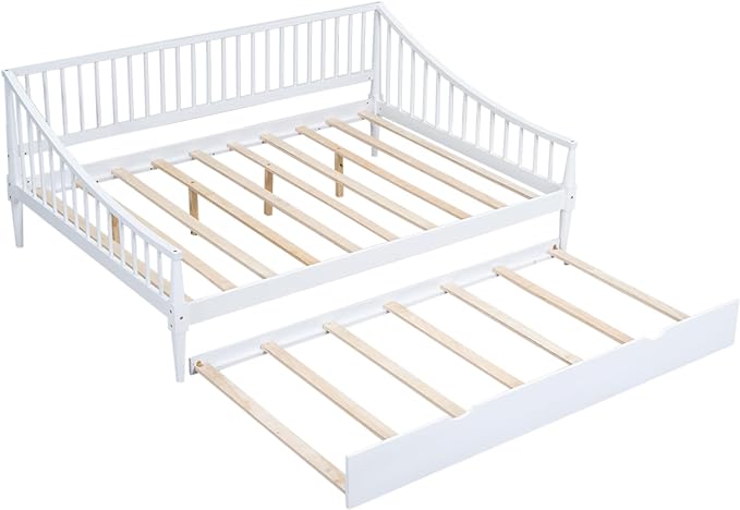 Full Size Daybed with Hideaway Trundle and Support Legs,Multi-functional Wood Bed Frame,W/Rails Three Sides,Easy to Assemble,for Bedroom,Living Room,Apartment,White - LeafyLoom