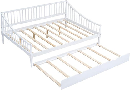 Full Size Daybed with Hideaway Trundle and Support Legs,Multi-functional Wood Bed Frame,W/Rails Three Sides,Easy to Assemble,for Bedroom,Living Room,Apartment,White - LeafyLoom