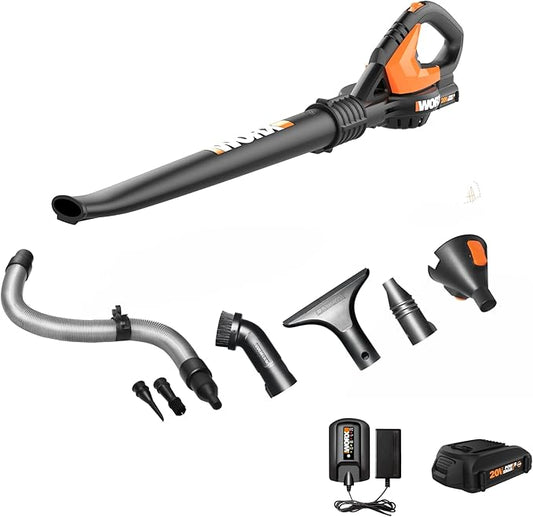 Worx 20V Cordless Leaf Blower WG545.1, Up to 120 MPH Air Speed, Long Nozzle Design for Narrow Spaces, Ideal for Indoor and Outdoor Cleaning, 9x Cleaning Attachments, Battery and Charger Included - LeafyLoom