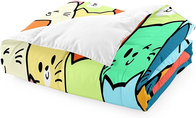 Cat Bedding Set Full Size - 3 Piece Cartoon Cat Comforter Set for Girls Boys Kids Bedroom Colorful Animals Print Home Bedding Decor for All Season Soft Warm 1 Cat Quilt Cover with 2 Pillowcases - LeafyLoom