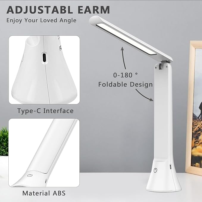 Rechargeable Desk Lamp with Flashlight Function, Battery Powered Desk Lamps for Home Office, Portable Foldable LED Desk Lamps, Cordless Desk Lamps, Small Lamps for Small Spaces, White - LeafyLoom