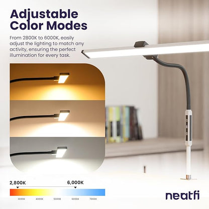 Neatfi Modern Desk Lamp with Clamp, Touch & Remote Controlled, 15W, Adjustable Color Temperature (3000K-6000K), Stepless Dimming, Flicker-Free, Wide-Angle Lighting for Home (Gooseneck, Silver) - LeafyLoom