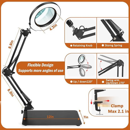 Veemagni 10X Magnifying Glass with Light and Stand, 5 Color Modes Stepless Dimmable 2-in-1 Desk Lamp & Clamp, LED Lighted Magnifier with Light, Hands Free for Repair Craft Hobby Close Work - LeafyLoom