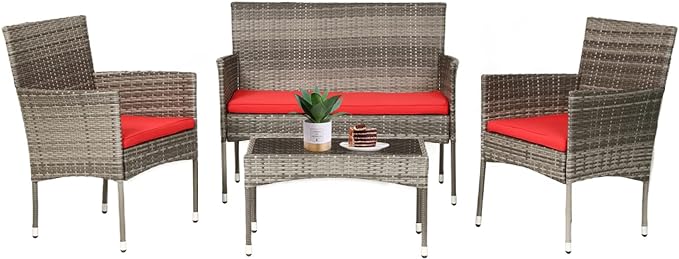 FDW 4 Pieces Outdoor Furniture Set Patio Conversation Set Wicker with Rattan Chair Loveseats Coffee Table for Outdoor Indoor Garden Backyard Porch Poolside Balcony,Gray Wicker/Red Cushions - LeafyLoom