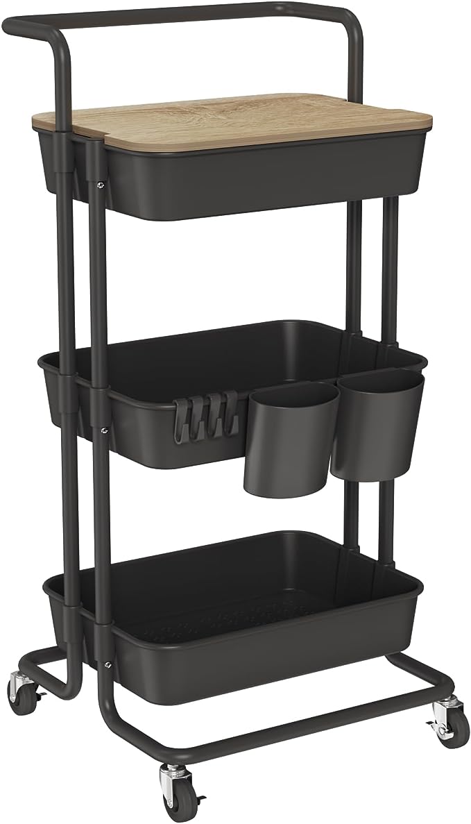 DTK 3 Tier Rolling Cart Uility Cart with Cover Board, Mobile Storage Cart with Wheels, Cups, Hooks for Office Utility Kitchen Bathroom Homeschool Art Craft Postpartum Teacher Cart Organizer(Black) - LeafyLoom