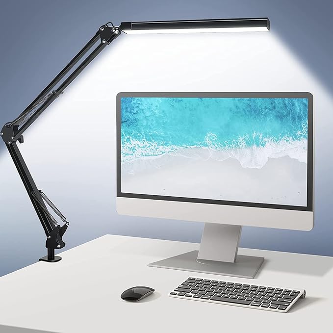 ODOM Swing Arm Led Desk Lamp with Clamp, 3 Color Modes 6 Brightness & Stepless Dimming Eye-Caring, 360 Degree Flexible Desk Lamps for Home Office, with 12V AC/DC Adapter - LeafyLoom