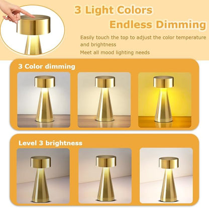 Portable Metal Desk Lamp,3-Color Touch Control, Rechargeable Battery - Ideal Bedside Lamp for Bedroom Nightstand (Gold) - LeafyLoom