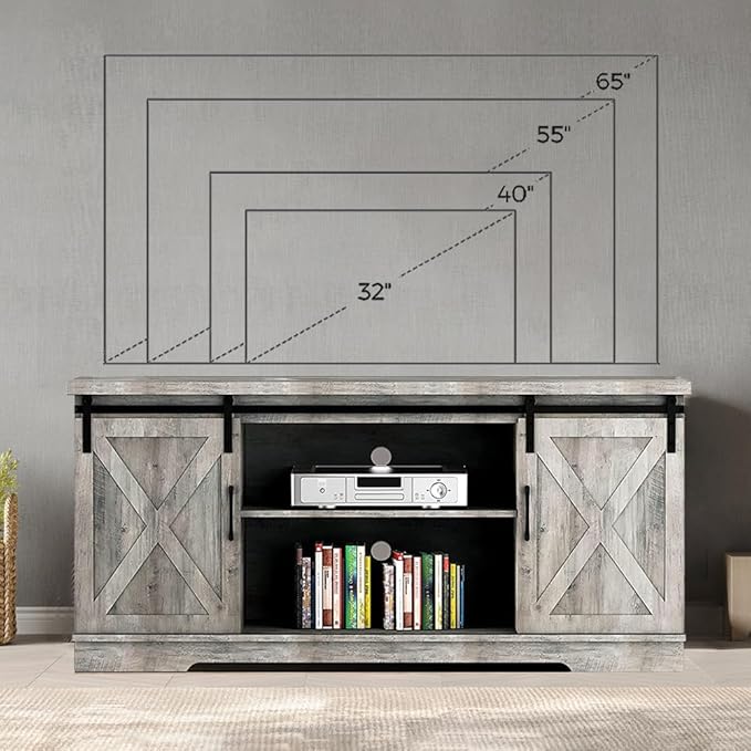 GAOMON Farmhouse TV Stand for 65 Inch TV Entertainment Center TV Media Console Cabinet, TV Stand with Storage, Barn Doors and Shelves, Tall Modern TV Console Table Furniture for Living Bedroom (Grey) - LeafyLoom