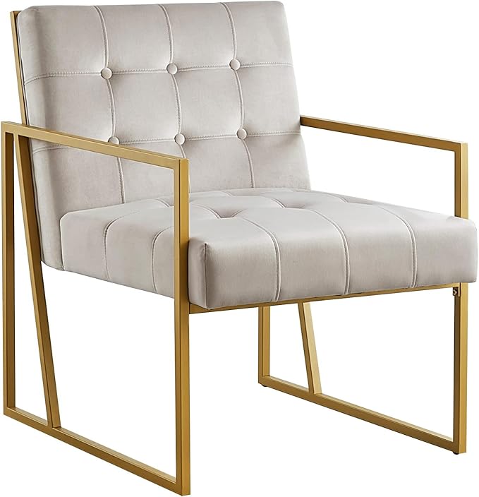 24KF Modern Taupe Velvet Button Tufted Accent Chair with Golden Metal Stand, Decorative Furniture Chairs for Living Room Bedroom - Taupe - LeafyLoom