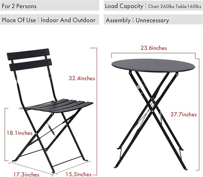 Indoor/Outdoor 3-Piece Foldable Bistro Set, Folding Outdoor Patio Furniture Sets, 2 Chairs and 1 Table, Weather-Resistant Outdoor/Indoor Conversation Set for Patio (Black) - LeafyLoom