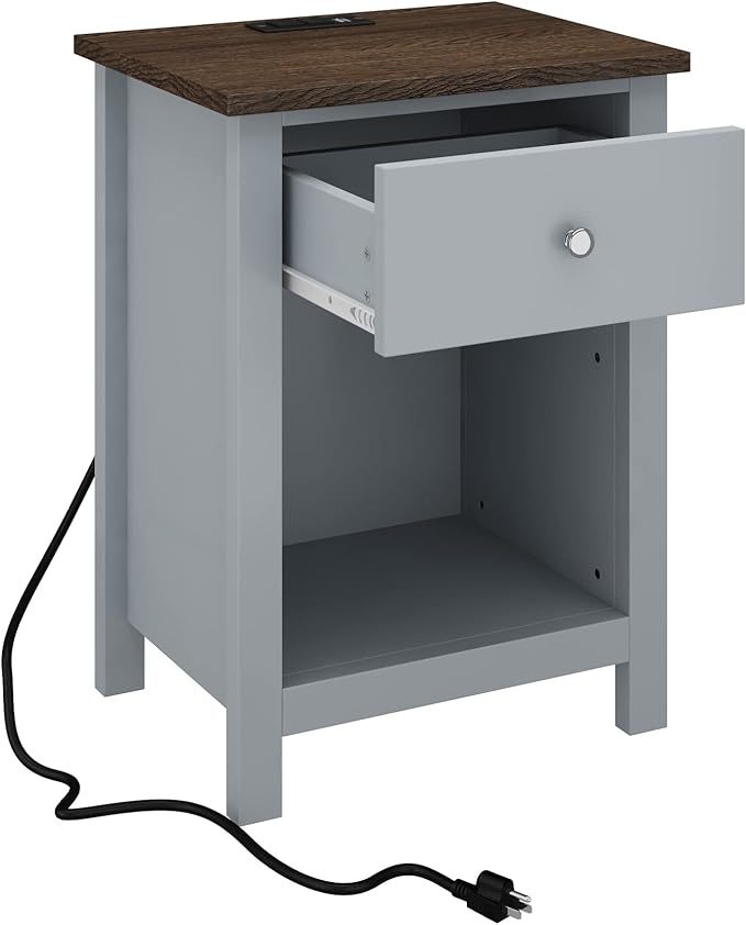 ChooChoo Nightstand with Charging Station, Wooden Top Bedside Table with Drawer and Storage Space for Bedroom, Grey - LeafyLoom