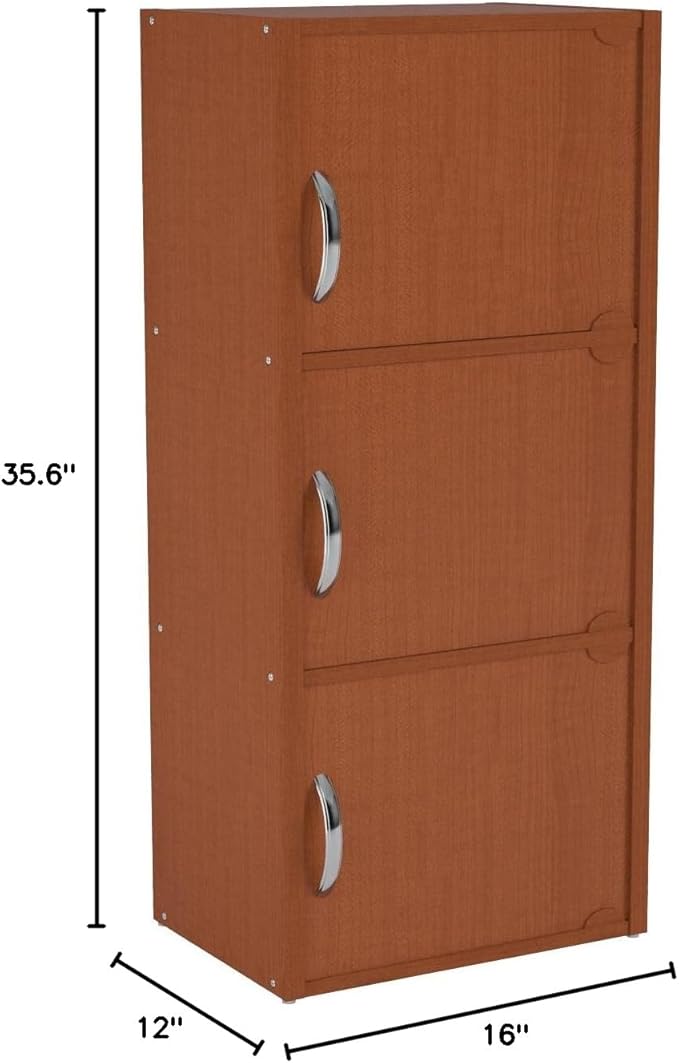 HODEDAH 3 Door Bookcase Cabinet, Cherry - LeafyLoom