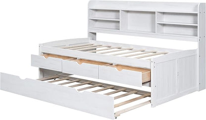 Twin Size Captain Bed with 3 Storage Drawers and Trundle, Wood Twin Bed Frame with Built-in Bookshelves for Kids Teens Adults, White Wash - LeafyLoom