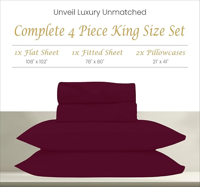 1000 Thread Count Egyptian Cotton Sheets King Size Set - 100% Cotton 4 Pc Bed Sheets - Luxury Hotel Cooling Sheets - Breathable Soft Smooth Sateen Weave - 18 Inch Deep Pocket - Burgundy King Sheets - LeafyLoom