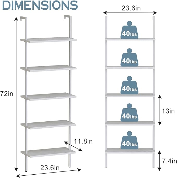 aboxoo Ladder Shelf White Wooden Bookshelf 5-Tier Wall-Mounted Open Wood Rack Industrial Modern Plant Flower Stand Utility Organizer Bookcase Metal Frame Furniture Office Kitchen Bedroom - LeafyLoom