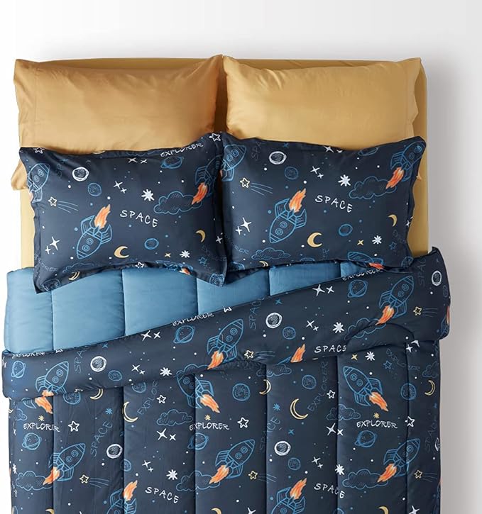 SLEEP ZONE Kids Twin Bedding Comforter Set - Super Cute & Soft Kids Bedding 5 Pieces Set with Comforter, Sheet, Pillowcase & Sham (Space Rocket) - LeafyLoom