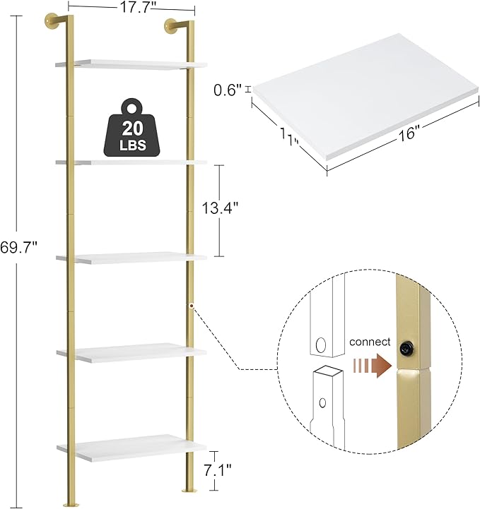 5-Tier Bookshelf Solid Wood Ladder Shelf, Narrow Book shelf Display Shelf, Wooden Ladder Shelf Bookcase, Wall Mount Ladder Shelf, Storage Rack for Living Room, Bedroom, Bathroom, White and Gold - LeafyLoom