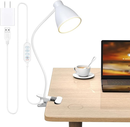 BOHON Clamp Lamp Reading Light 3 Color Modes 10 Brightness Dimmer Bedside Lamp 10W 38 LED Desk Lamp with Auto Off Timer 360° Flexible Gooseneck Clip on Light for Bed, USB Cord Include, White - LeafyLoom