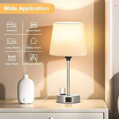 Table Lamps for Bedrooms Set of 2 Bedside - Nightstand Bedroom Lamp with USB C Port and AC Outlet Charging, Dimmable Touch Small End Side Lamp, Grey Night Stand Light for Kid/Guest Room/Living Room - LeafyLoom