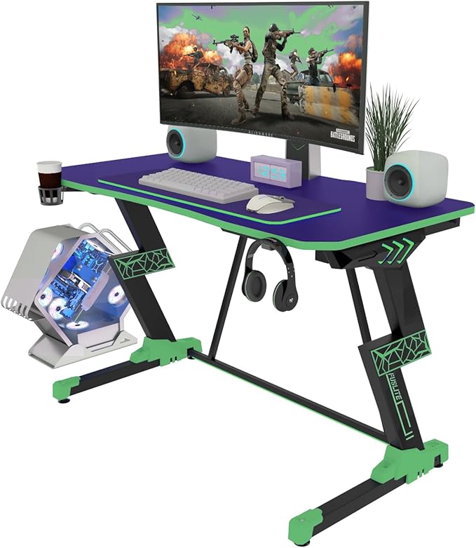 Gaming Desk 47 inch, PC Computer Desk RGB Light Gaming Table with Cup Holder, Earphone Hook, Power Strip Box, Green - LeafyLoom