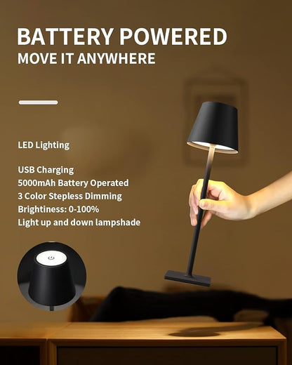 KDG Cordless Table Lamp, Portable LED Desk Lamp, 5000mAh Battery Operated, 3 Color Stepless Dimming Up, for Restaurant/Bedroom/Bars/Outdoor Party/Camping/Coffee Shop Atmosphere Night Light(Black) - LeafyLoom