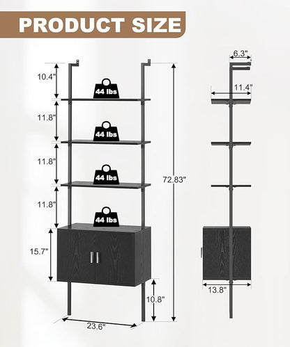 Gadroad Ladder Bookshef with Cabinet, Wall Mounted Bookcases, 5 Tier Tall Open Display Rack, 73" Metal Industrial Bookshelf, Storage Shelves for Livingroom, Home Office, Black - LeafyLoom