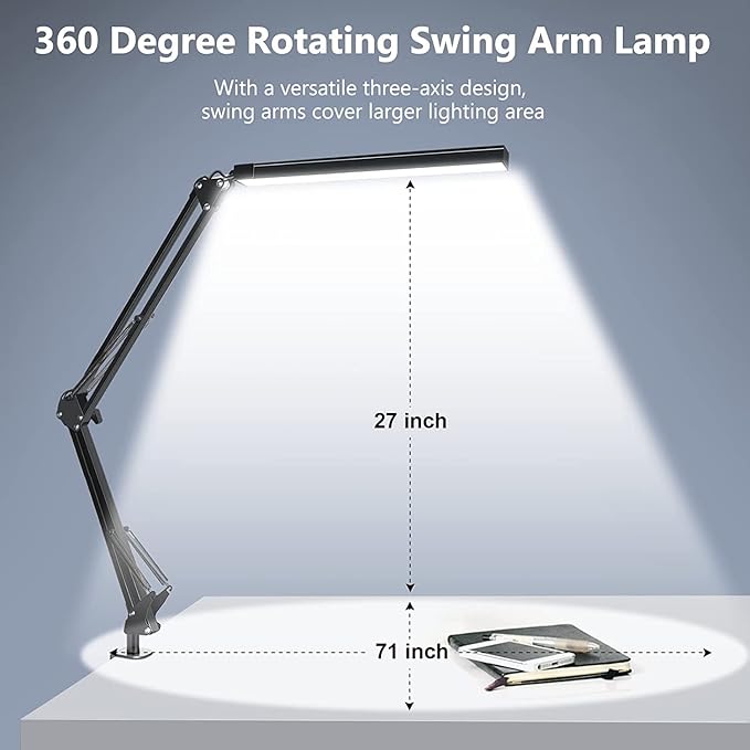 ODOM Swing Arm Led Desk Lamp with Clamp, 3 Color Modes 6 Brightness & Stepless Dimming Eye-Caring, 360 Degree Flexible Desk Lamps for Home Office, with 12V AC/DC Adapter - LeafyLoom