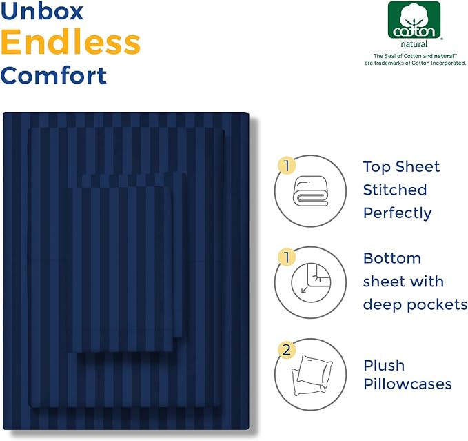 THREAD SPREAD Striped Egyptian Cotton Sheets Twin XL Size - 600 Thread Count 3 PC Damask Twin XL Sheets Deep Pockets, Sateen Weave College Dorm Bedding Twin XL, Fits Mattress upto 18" - Navy Blue - LeafyLoom