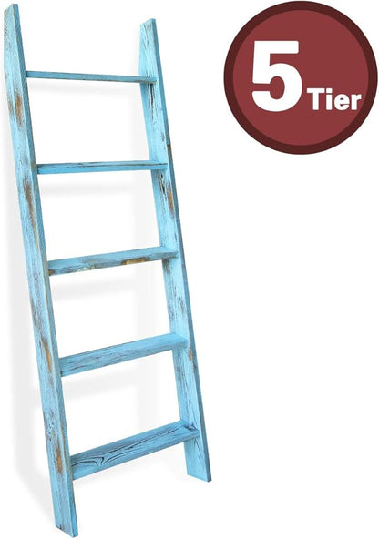 Honest Blanket Ladder for The Living Room, Decorative Wooden Quilt Ladder, 5-Tier Blanket Rack, Farmhouse Decor for Living Room Bedroom Bathroom, Blue - LeafyLoom