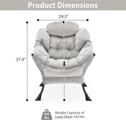 Lazy Chair Thick Padded, Accent Chair Velvet Upholstered with Wide Seat, Stable Metal Frame and Non-Slip Pad, Modern Sofa Armchair with Side Storage Bag for Dorm, Room, Office, Light Gray - LeafyLoom