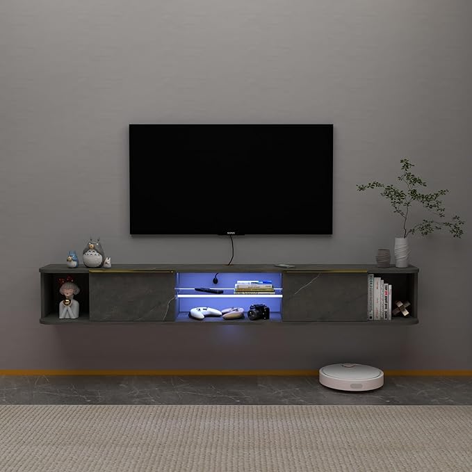 Pmnianhua LED Floating TV Stand with 2 Drawers for 80 inch TV,78'' Floating TV Shelf with LED Lights,Wall Mounted TV Console,Floating Shelf for Under TV (Dark Grey) - LeafyLoom