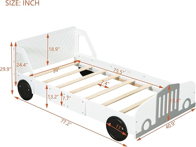 Twin Size Car-Shaped Bed Frame for Kids,Wooden Platform Bed with Wheels and Side Rails for for Boys Girls,Wood Slat Supports,No Box Spring Needed,White - LeafyLoom