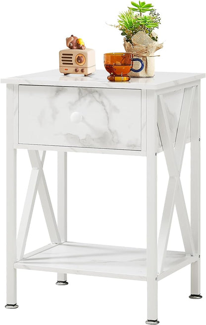 VECELO Night Stands for Bedroom Rustic Nightstand Bedside End Tables with Drawer Storage, Marble White - LeafyLoom