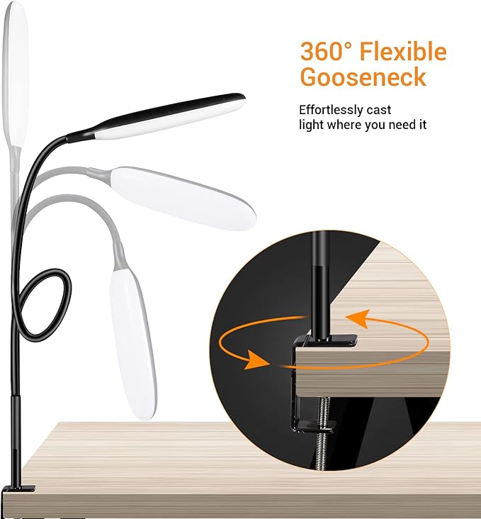 LED Desk Lamp with Clamp, 10W Flexible Gooseneck Swing Arm Clip Lamp with USB Plug, 3 Color Modes, 30 Brightness Levels, Eye-Caring Portable Desk Light for Home Office Reading Working (Black) - LeafyLoom