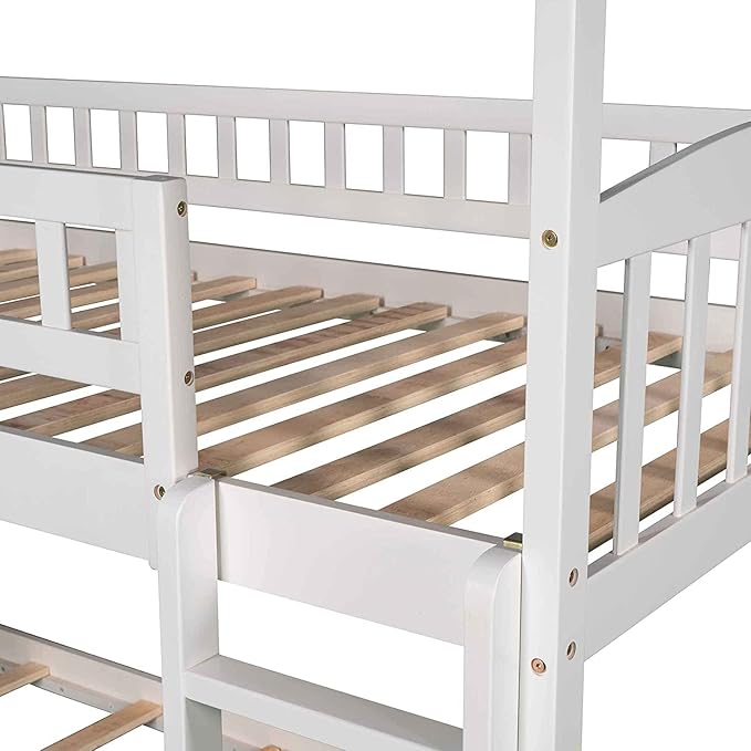 Twin Over Twin Bunk Bed with Slide for Kids Bedroom,Solid Pinewood Bedframe,House Bunkbeds w/Safety Guardrails & Roof Design,No Box Spring Needed, White - LeafyLoom