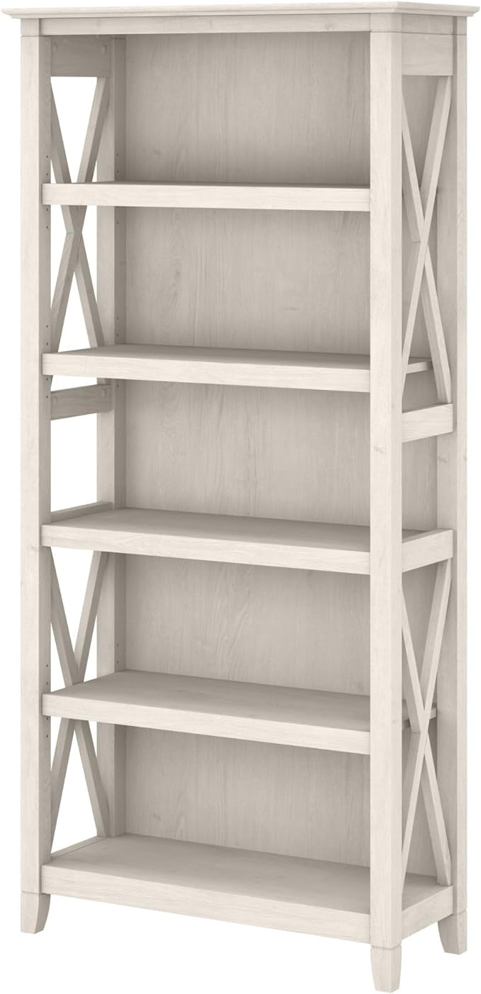 Bush Furniture Key West Bookcase Shelf in Linen White Oak | Farmhouse Bookshelf & Key West Computer Desk with Storage | Small for Home Office | Modern Farmhouse, 54W - LeafyLoom