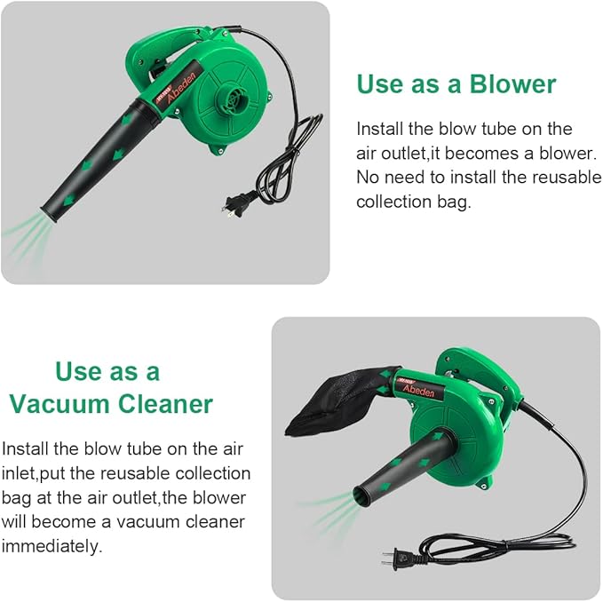 Corded Electric Leaf Blower,2 in 1 Small Handheld Lightweight Sweeper/Vacuum,110V 400W Portbale Blower for Leaf/Snow/Dust Blowing (Green) - LeafyLoom