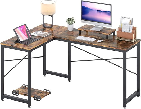 Computer Desk, L Shaped Desk with Large Desktop, Corner Desk with Monitor Stand PC Laptop Table Computer Workstation for Home Office (Rustic Brown) - LeafyLoom