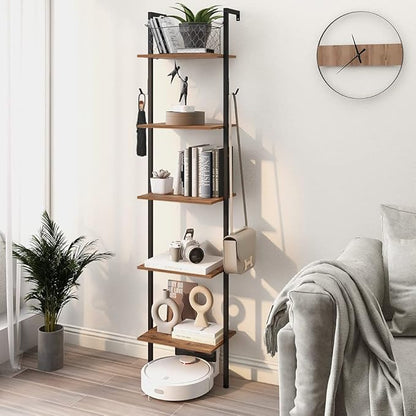 Industrial Bookshelf Wall Mounted 5-Tiers Ladder Shelf Wooden and Metal Narrow Thin Bookshelf Open Display Storage Rack for Living Room Bedroom Home Office (Rustic Brown, Small) - LeafyLoom