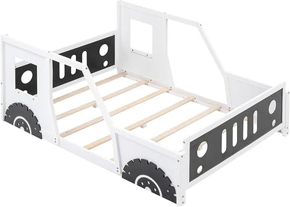 Full Size Classic Car-Shaped Platform Bed with Wheels,Wooden Floor Bedframe W/Door Design,Fun Play Toy Car Furniture for Boys Kids Toddlers Child's Bedroom,White - LeafyLoom