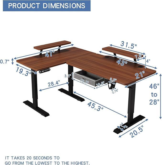 62x47 Inches L Shaped Electric Standing Desk with Drawer, Adjustable Height Sit Stand Up Desk with Storage Shelf, Dark Walnut Top/Black Frame - LeafyLoom