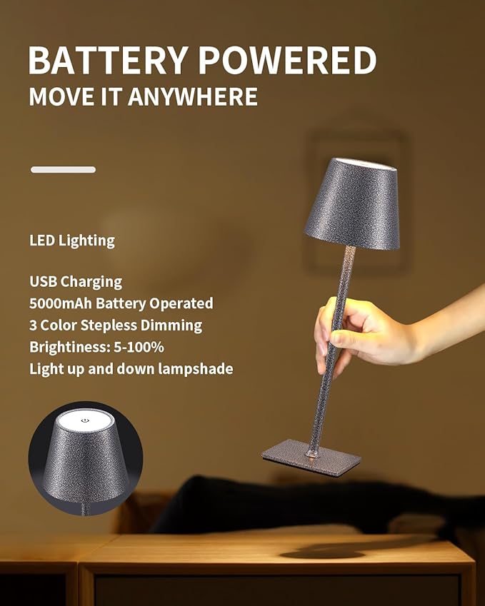 KDG 2 Pack Cordless Table Lamp,Portable LED Desk Lamp, 5000mAh Battery Operated, 3 Color Stepless Dimming Up, for Restaurant/Bedroom/Bars/Outdoor Party/Camping/Coffee Shop Night Light(Mottled Silver) - LeafyLoom