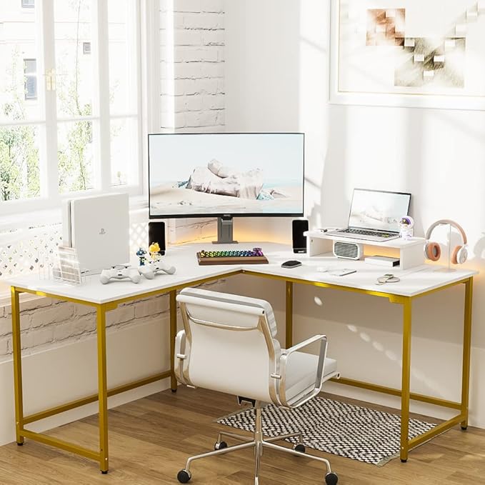 Elephance 59" L Shaped Desk Corner Computer Desk Gaming Table with Monitor Stand Workstation for Home Office (Large, White+ Gold Frame) - LeafyLoom