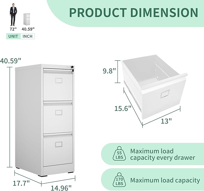 3 Drawer File Cabinet, Metal Vertical File Cabinets with Lock for Home Office, Office Steel Filing Cabinet for Hanging Files for A4/ Legal/Letter,Assembly Required (White) - LeafyLoom