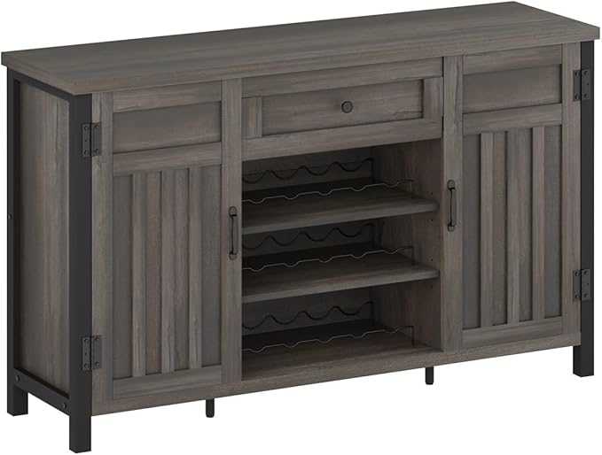 FATORRI Industrial Buffet Cabinet with Storage, Farmhouse Sideboard Cabinet with Wine Rack, Rustic Wood Coffee Bar Cabinet for Kitchen (55.12 Inch, Walnut Brown) - LeafyLoom