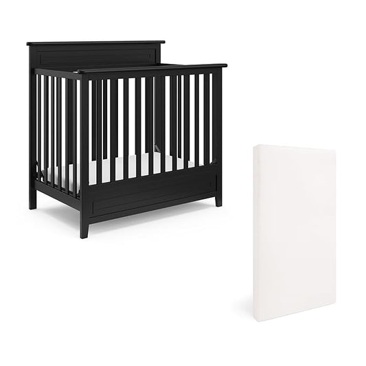 Storkcraft Petal 4-in-1 Convertible Mini Crib (Black) – GREENGUARD Gold Certified, Converts to Daybed and Twin-Size Bed, includes Bonus 2.75-inch Mini Crib Mattress - LeafyLoom