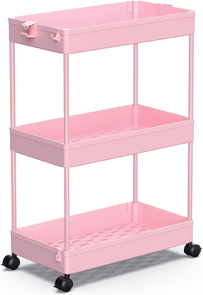 SPACEKEEPER Rolling Storage Cart 3 Tier, Bathroom Cart Organizer Laundry Room Organizer Utility Cart Mobile Shelving Unit Multi-Functional Shelves for Office, Kitchen, Bathroom, Pink - LeafyLoom