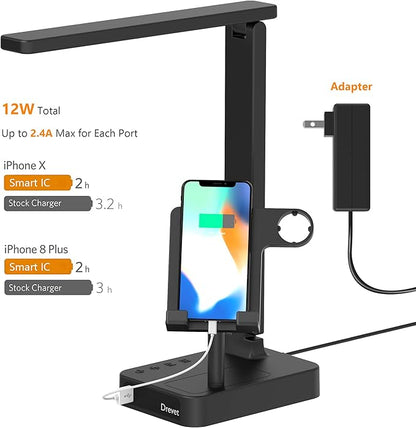 Drevet 3 in 1 LED Desk Table Lamp with Cell Phone Holder and Apple Watch Charger Stand, Eye-Caring Foldable Desk Light with USB Charging Port, 3 Level Brightness, Memory Function, Touch Control, Black - LeafyLoom